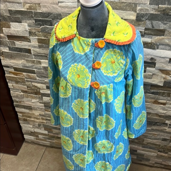 Floral Blue and Yellow Women's Coat - Picture 2 of 13
